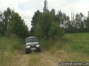 Granny And Boys Teen Outdoor Threesome